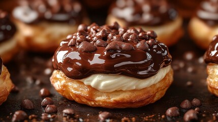 Delicious cream puffs topped with rich chocolate glaze and chocolate chips, perfect for dessert.