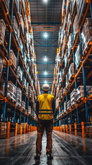 A worker in a yellow vest stands in a large warehouse. The warehouse is filled with boxes and shelves, and the worker is looking up at the ceiling. Concept of order and organization