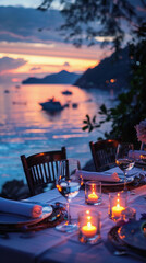 Fototapeta premium A table with candles and wine glasses set up on a beach. The table is surrounded by chairs and the ocean is visible in the background. Scene is romantic and serene