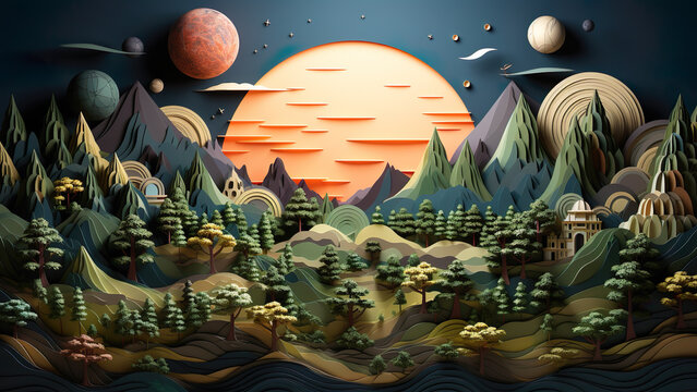 Agartha - landscape, fantasy, mountains, sunset, surreal, planets, space, sky, trees, forest, nature, imaginative, dreamlike, artistic, illustration