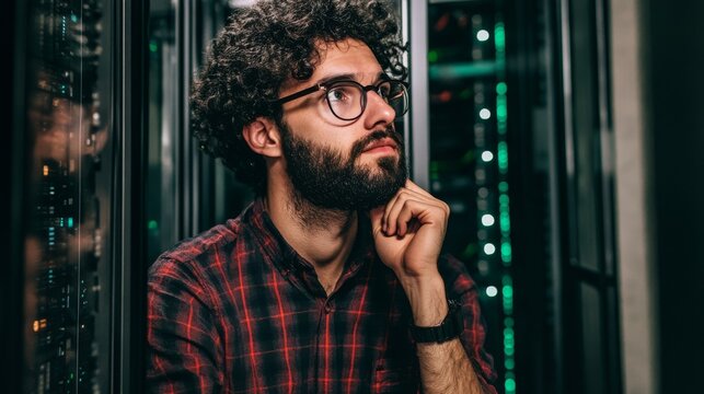 Thoughtful IT engineer with beard in plaid shirt analyzing server data in modern data center - Powered by Adobe