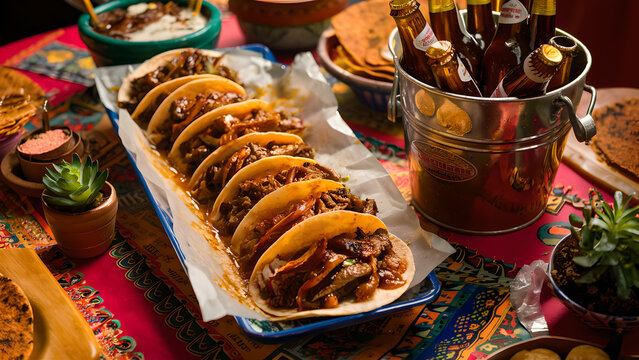 Deliciosa cena con charola de tacos. Ambiente festivo tradicional.