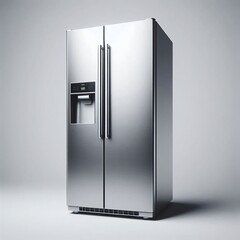 "A modern stainless steel refrigerator with a digital display, standing against a plain white background, showcasing its sleek design and clean lines."