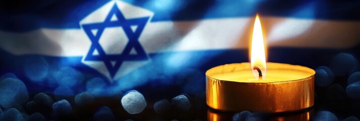 Israel Independence day. Flag of Israel and burning candle. Patriotic holiday. Memorial day - Yom Hazikaron. Yom Ha'atzmaut concept. Horizontal banner. Free space for text, copy space