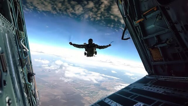 Military paratrooper jumping out of an aircraft into the sky, equipped with a parachute.