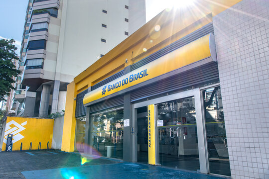 Banco do Brasil (Bank of Brazil) agency. Bank facade with sign and logo on yellow plates