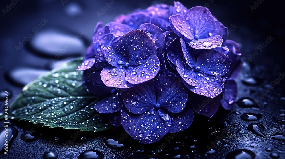 Sticker a detailed image of a purple flower with droplets of water on its petals, accompanied by a green lea