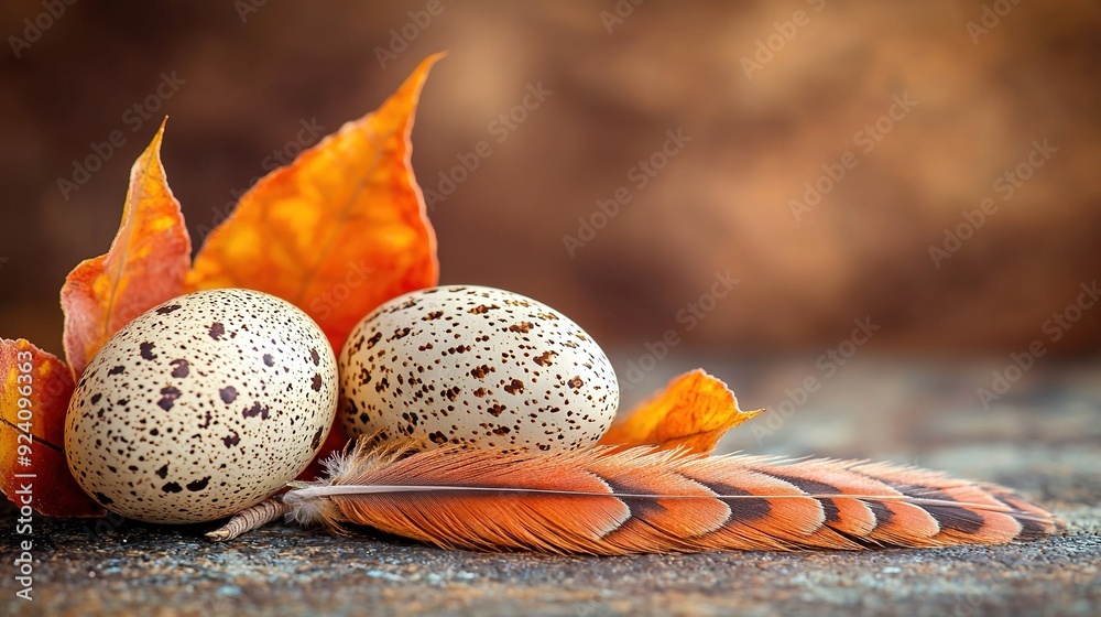 Poster two quails perched on a feather beside an orange and brown leaf on a gray background