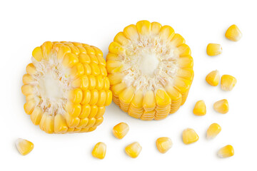 ear of corn isolated on a white background with full depth of field. Top view. Flat lay
