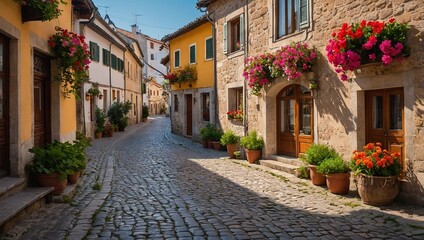 A picturesque cobblestone street in a charming European village, lined with colorful old buildings and decorated with blooming flowers. The image evokes a sense of wanderlust and nostalgia, perfect fo