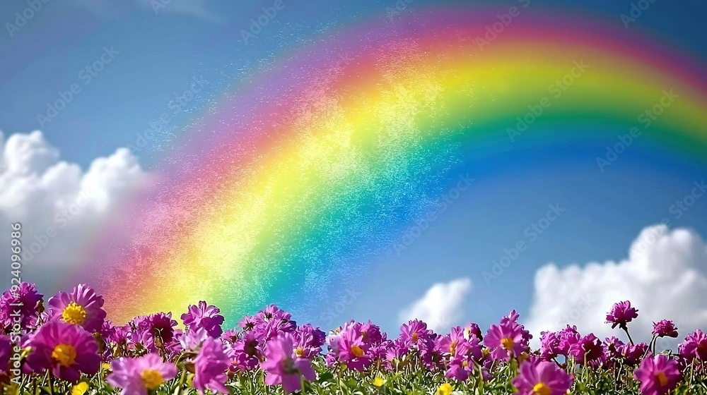 Poster rainbow visible in sky above field of purple flowers and daisies