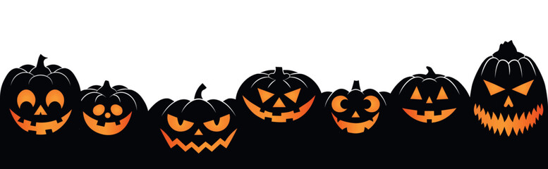 Halloween horizontal banner with funny silhouettes of pumpkins