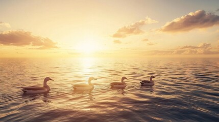   A cluster of ducks gliding atop a water expanse beneath an overcast canopy, with the sun beaming from afar