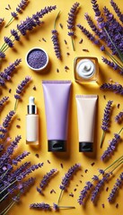 Mockup Cosmetic  Tubes with Lavender and Lemon on Vibrant Yellow Background, lavender cosmetics concept