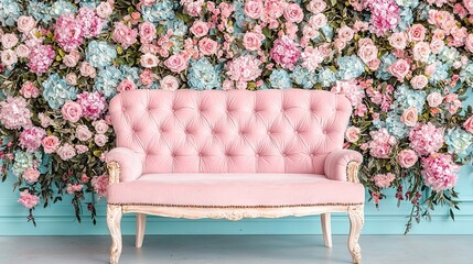   Pink couch facing pink-blue flower wall