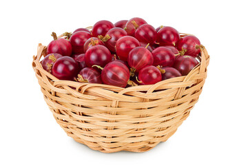 Red gooseberry in a wicker basket isolated on white background with full depth of field.