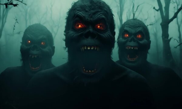 Menacing monsters with terrifying, evil faces, causing fear and chills in the spooky atmosphere of Halloween, perfect for a night full of fears and mysteries.