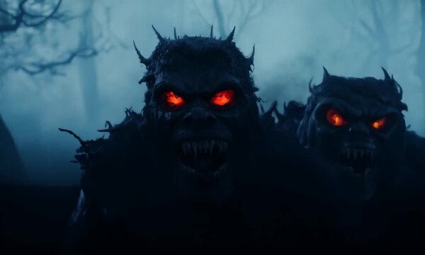 Menacing monsters with terrifying, evil faces, causing fear and chills in the spooky atmosphere of Halloween, perfect for a night full of fears and mysteries.