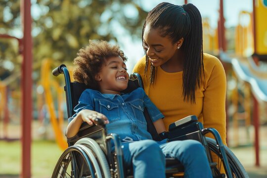 Concept of strong family bonds, support, love and care. Black cheerful woman hugging her happy disabled son sitting in a wheelchair - Powered by Adobe