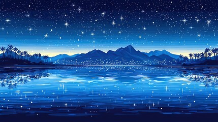 Fototapeta premium A painting of a night scene featuring a serene lake and majestic mountains in the foreground, with a canopy of glittering stars overhead