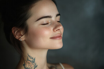 A close up of a woman's face with tattoos and her eyes closed