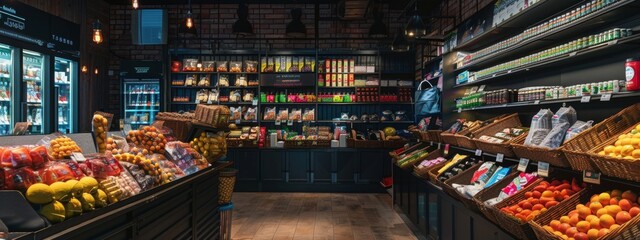 Fototapeta premium Cozy interior of a local grocery store with fresh produce display