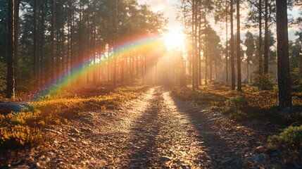 Obraz premium Rainbow amidst forest trail with sunlight filtering through trees