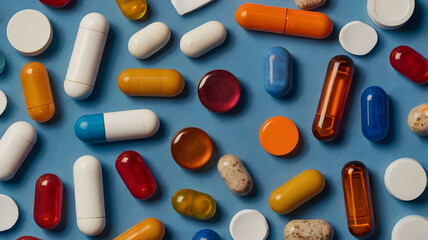 pills and capsules and tablets set against on a blue backdrop 