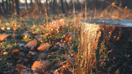 Obraz premium A picture of a close-up tree stump surrounded by grass and trees against a backdrop of sunlight on the ground