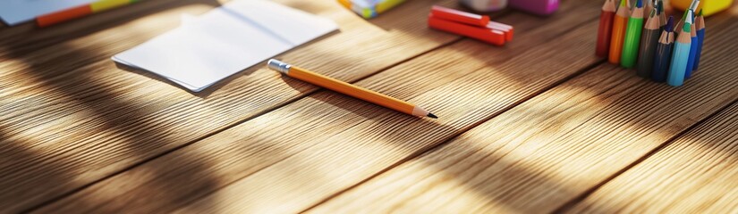 Obraz premium Learning supplies for hobby or creative lesson with colorful pencils on the beige older wooden table isolated copy space. School concept. Art process. Backdrop for banner, cover, flyer. Photorealistic