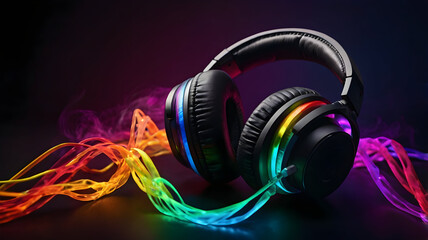 A sleek pair of modern headphones emitting vibrant, colorful sound waves, set against a dark background, symbolizing the power and innovation of music and audio technology.against a heavy gradient bac