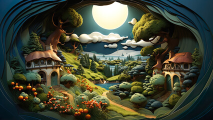 Obraz premium The Shire - fantasy, landscape, moon, night, village, fairy tale, houses, river, trees, forest, flowers, sky, illuminated, magical, serene, enchanted, whimsy