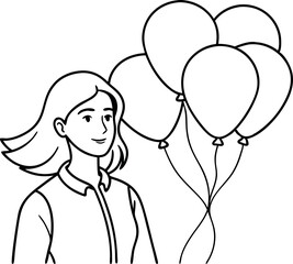 Happy Woman With Balloons Line Art Illustration