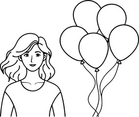 Illustration of Woman with Balloons in Black and White Line Art