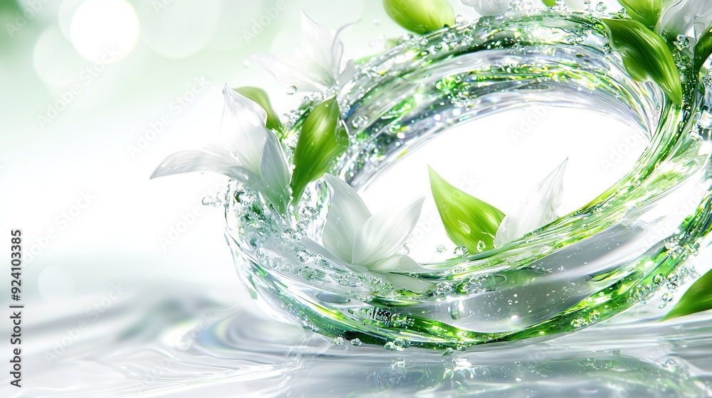 Wall mural   A zoomed-in image of a green and white item surrounded by water and blossoms against a green and white backdrop