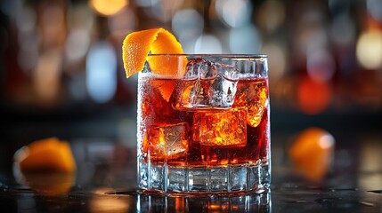 A close-up photo captures a glass filled with ice and an orange wedge resting on a table against a hazy backdrop