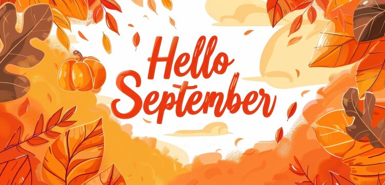 Soothing fall background in orange and yellow with text reading "Hello September" Generative AI