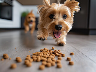Fototapeta na wymiar A playful dog eagerly approaches scattered kibble on a wooden floor in a modern kitchen, with another dog in the background