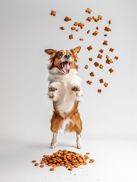 Naklejki A playful dog jumps excitedly for treats falling from above in a bright studio setting