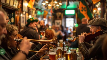 A lively bar is filled with people enjoying traditional Irish music performed by talented musicians