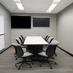 Meeting room with a table in the center, chairs around it and a painting on the wall. AI generated
