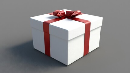 Fototapeta premium A white gift box adorned with a red ribbon and bow atop it, set against a gray backdrop