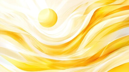   A painting portrays a wave of yellow and white hues featuring two yellow balls, one atop and one within the crest of the wave