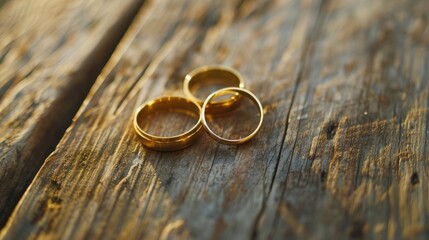 Golden wedding bands on wooden table during morning pre wedding preparations