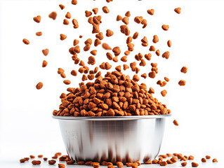 Pet food falling into a stainless steel bowl against a white background