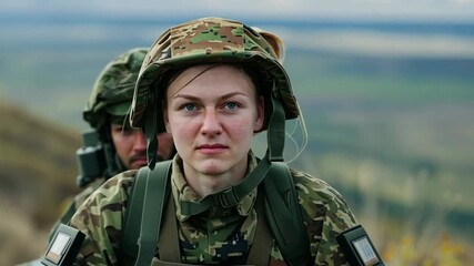 A joyful soldier expresses excitement and determination while training in the beautiful, rolling hills of the countryside