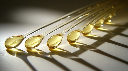 Obraz premium A set of droplets perched atop a white table, adjacent to a line of silver utensils