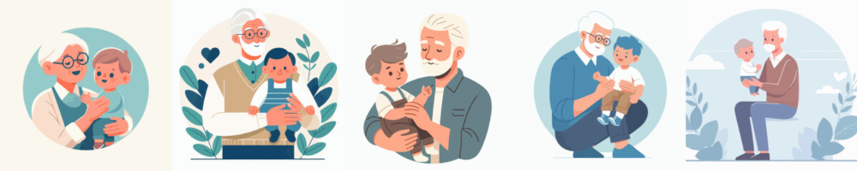 Vector collection of grandfather playing with his grandson