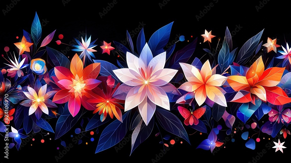 Wall mural a vibrant bouquet of red, white and blue flowers against a dark backdrop