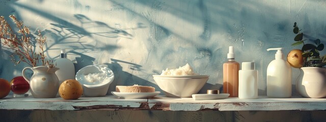 Fototapeta premium Sunlit skincare products arranged with natural elements on a shelf